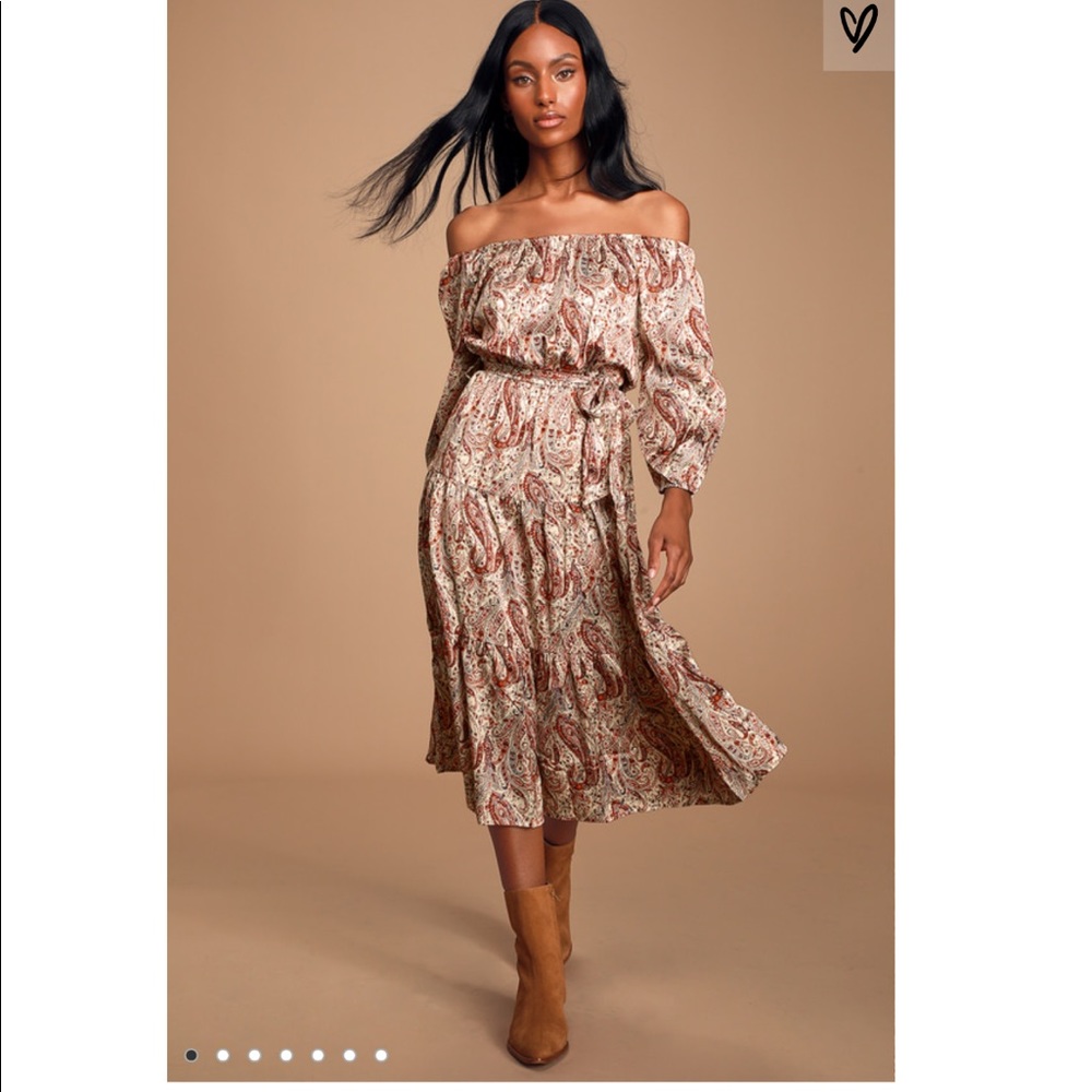 Lulus Beige Multi Print Satin Tiered Midi Dress M